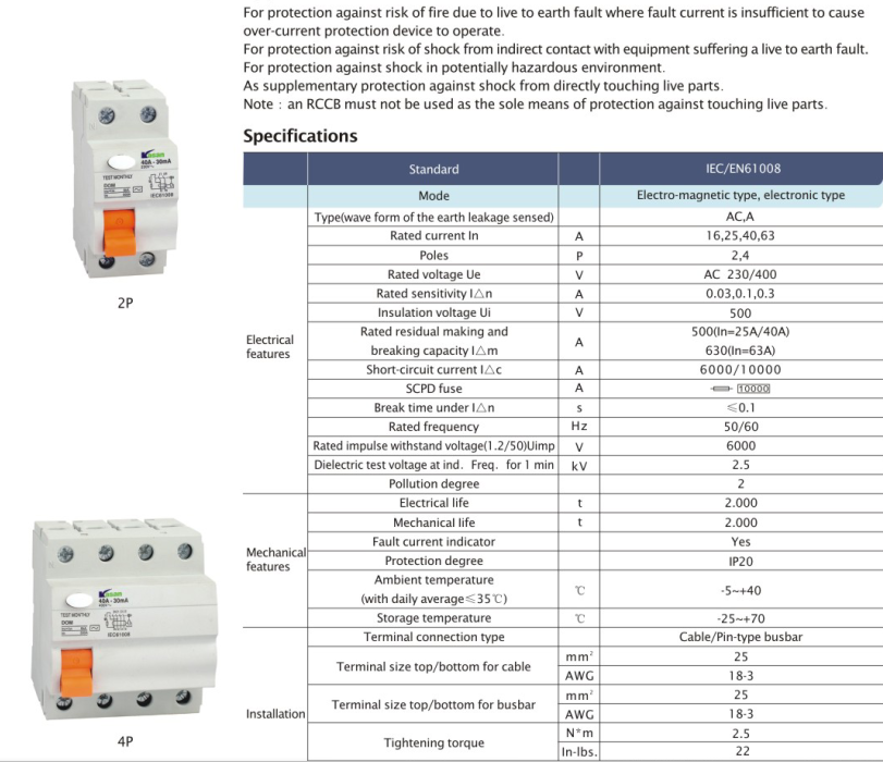 New Type 32A 100mA Iidk Residual Current Circuit Breaker (RCCB)