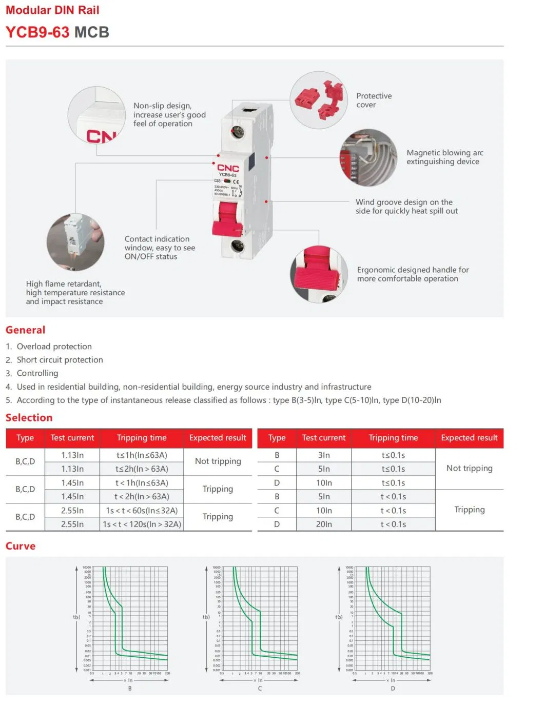 Low Voltage Ycb9-63 C63 6ka 230/400V 63A MCB Mini Circuit Breaker